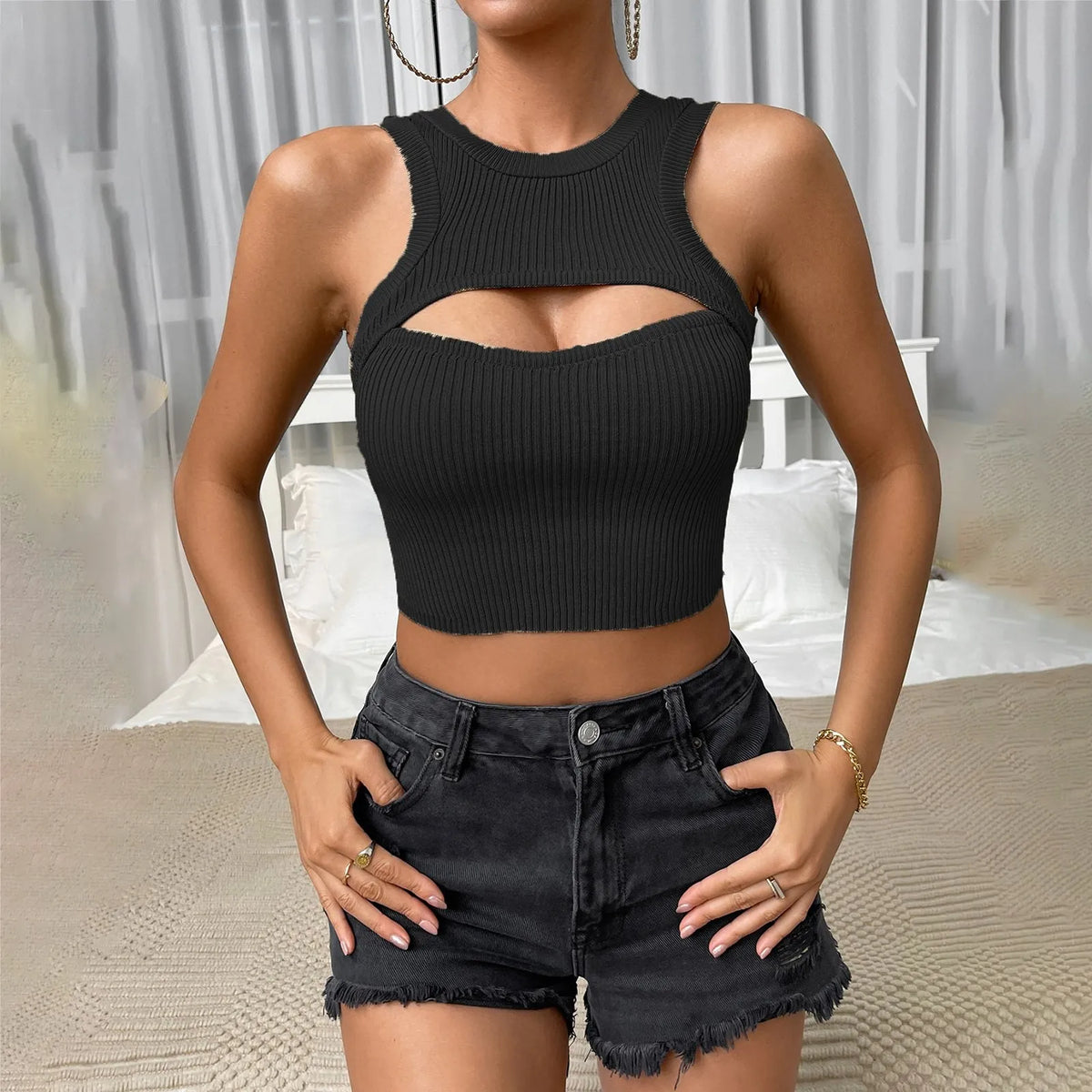 Skinny Streetwear Knitted Crop Fashion Solid Sleeveless Hollow Out Ladies Club Cami Top