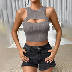 Skinny Streetwear Knitted Crop Fashion Solid Sleeveless Hollow Out Ladies Club Cami Top
