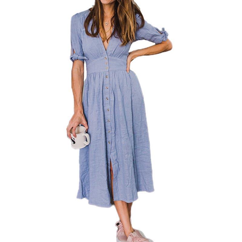 V neck plunge dress Side slit button up summer dress Fashion bohemian dress midi vestidos mujer