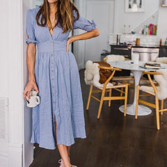 V neck plunge dress Side slit button up summer dress Fashion bohemian dress midi vestidos mujer