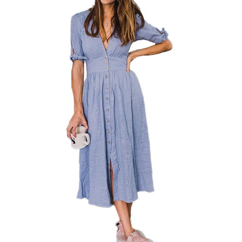 V neck plunge dress Side slit button up summer dress Fashion bohemian dress midi vestidos mujer