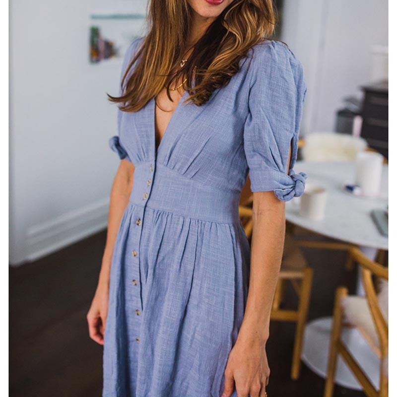 V neck plunge dress Side slit button up summer dress Fashion bohemian dress midi vestidos mujer