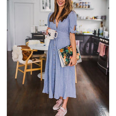 V neck plunge dress Side slit button up summer dress Fashion bohemian dress midi vestidos mujer