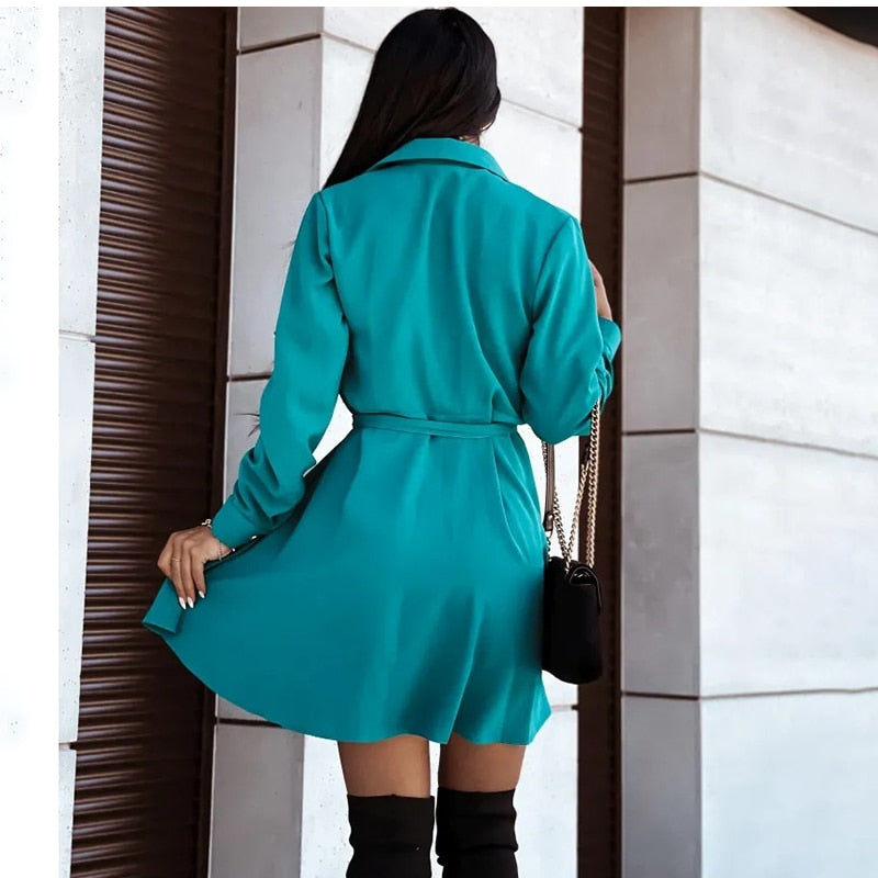 Causal Turn-down Collar Long Sleeve Lace Up Button Dress