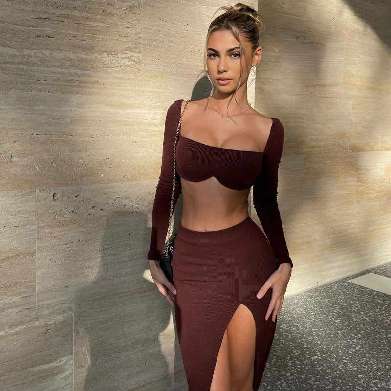 Elegant Square Collar Sexy Top and Skirt 2 Piece Set
