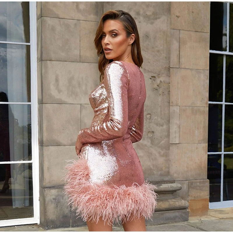 Sexy Sequined Feather Square Collar Bodycon Dress