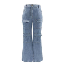 WomenHigh Waist Baggy Jeans Washed Flap Big Pocket Straight Wide Leg Denim Pants Streetwear
