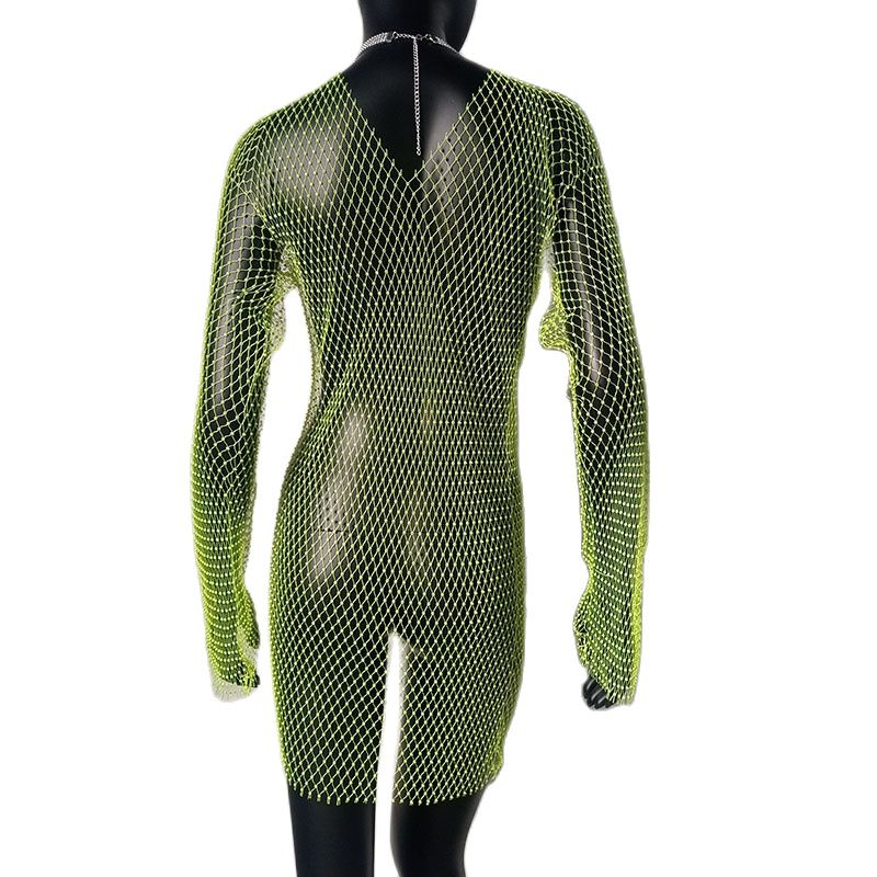 Bling Rhinestones Fishnet Mini Dress Sexy Long Sleeve Crystal Dress