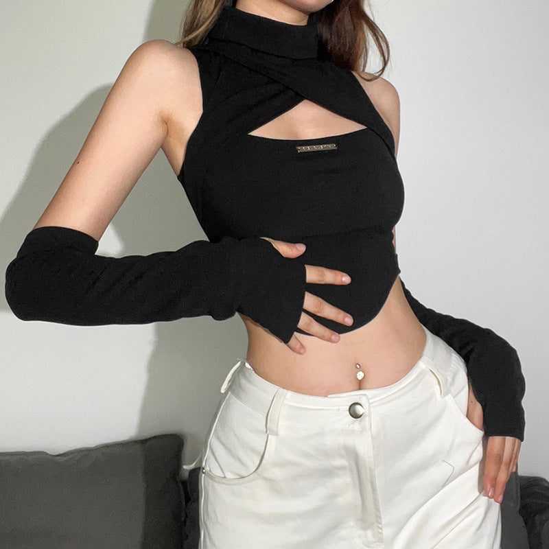 Solid Color High Neck Sleeveless Crop Stitching Short Slim-fit Casual Vest