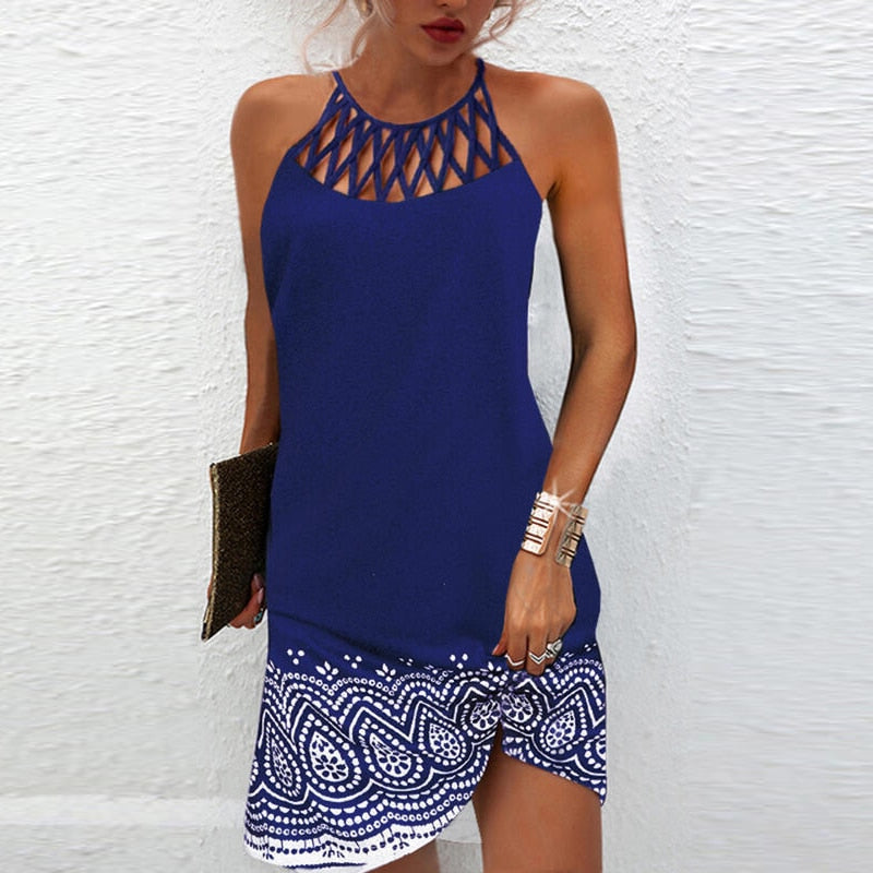 Beach Mini Dress Fashion Summer Sleeveless Hollow Elegant Boho Party