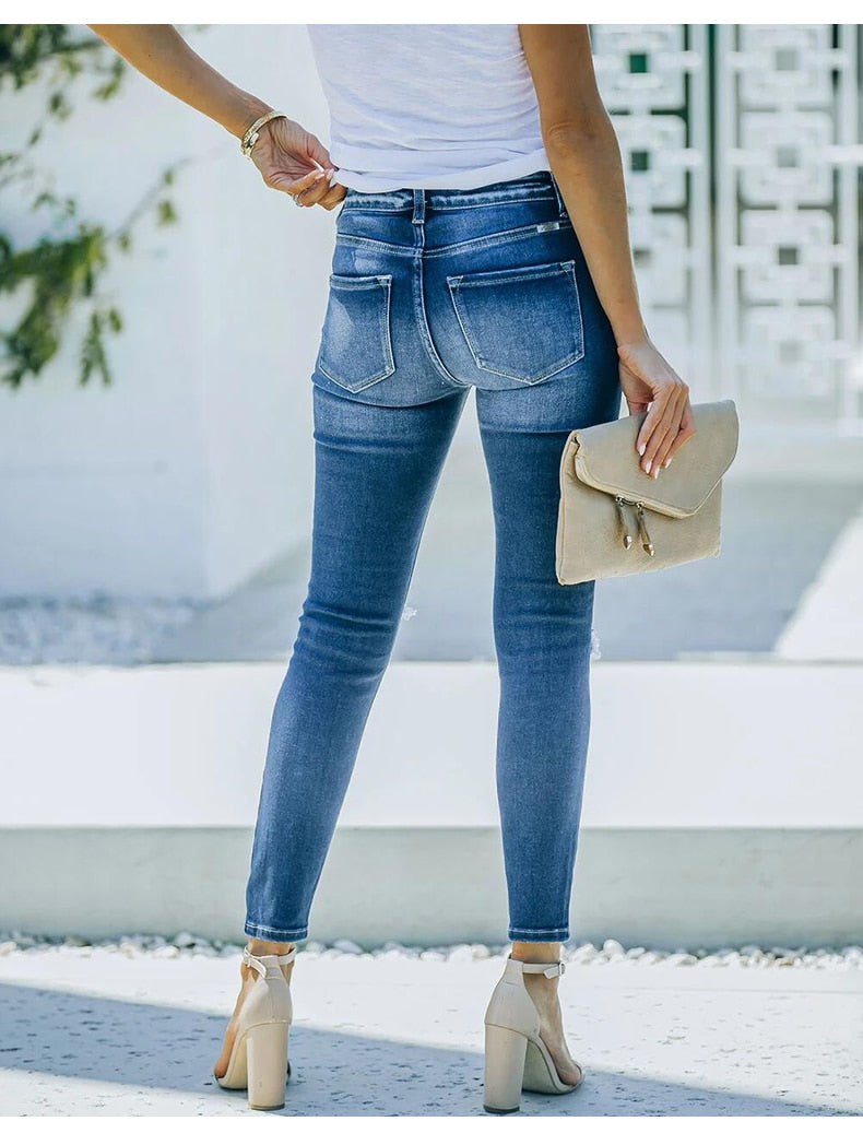 WomenJeans Blue Hight Waist Streetwear Ripped Casual Fashion Denim Pencil Pants