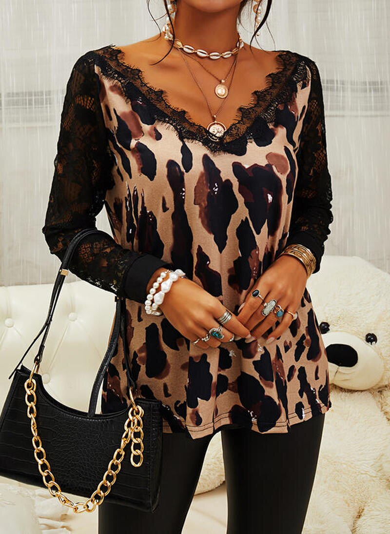 Lace Sexy V Neck Dot Print Slim Fit T-Shirt