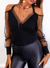 Lace Sexy V Neck Dot Print Slim Fit T-Shirt