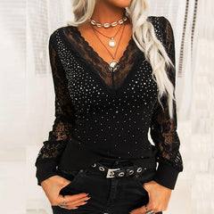 Lace Sexy V Neck Dot Print Slim Fit T-Shirt