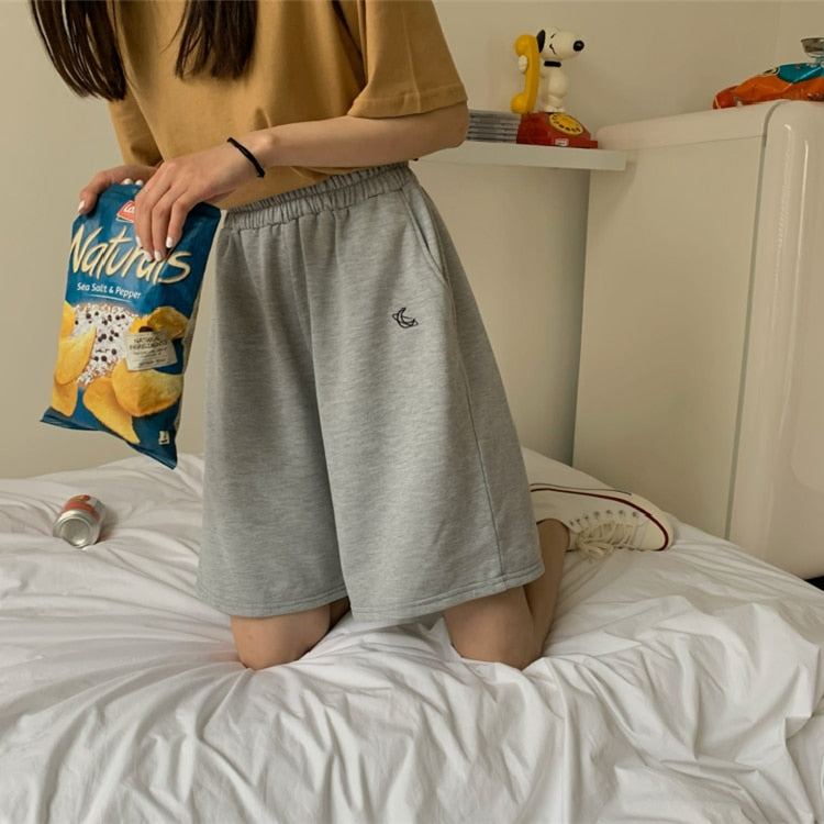 Loose 3XL Solid Embroidery BF Wide-leg Knee-length Harajuku Casual Simple