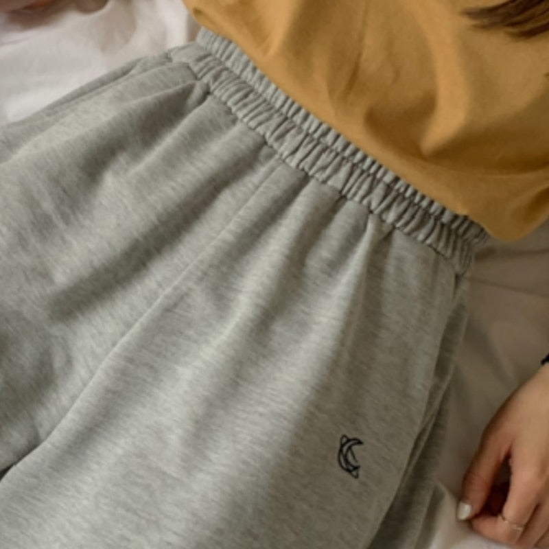 Loose 3XL Solid Embroidery BF Wide-leg Knee-length Harajuku Casual Simple