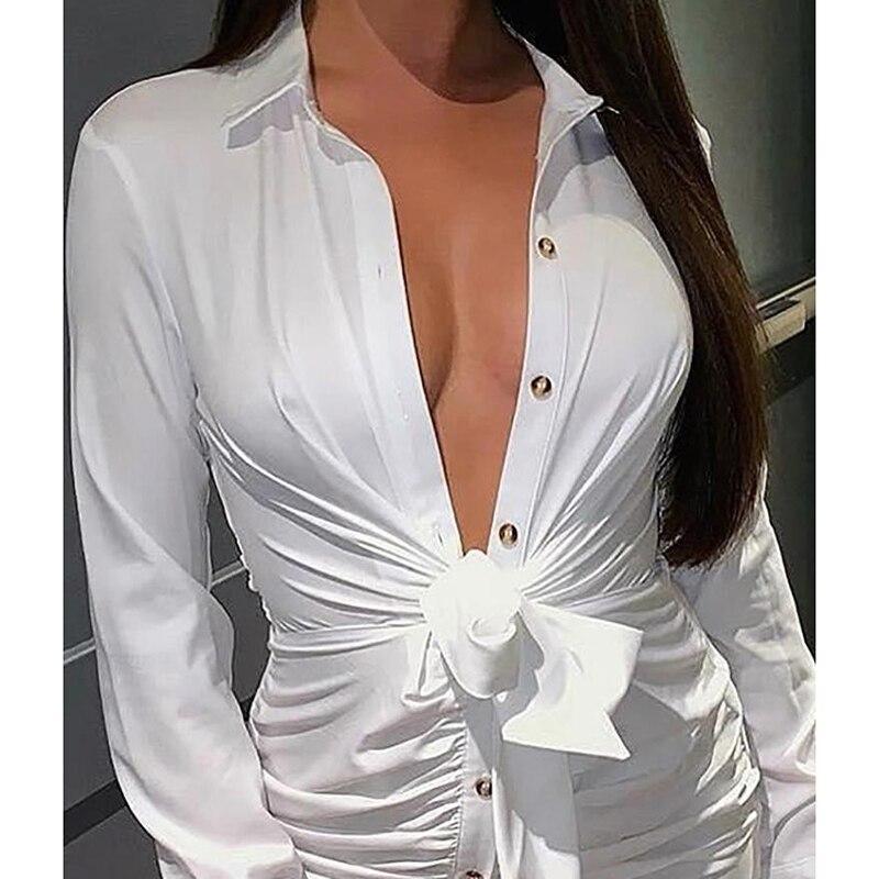 Single breasted shirt dress long sleeve white dress turn down collar wrap party dress ruched vestidos mujer