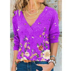 V-neck Flower Print Long-sleeved T-shirt