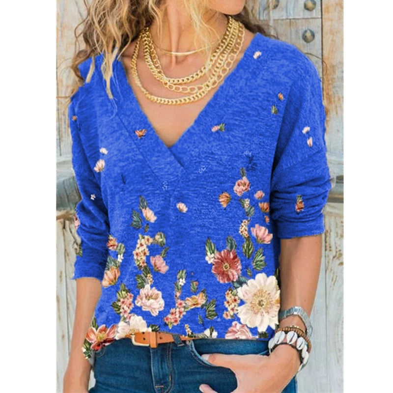 V-neck Flower Print Long-sleeved T-shirt