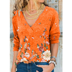 V-neck Flower Print Long-sleeved T-shirt