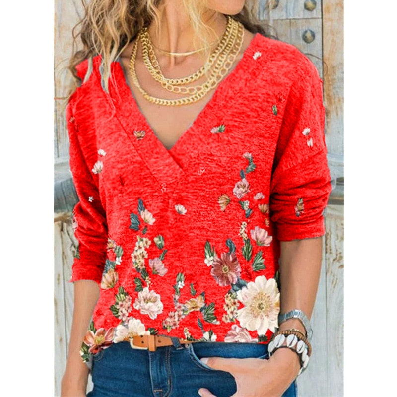 V-neck Flower Print Long-sleeved T-shirt