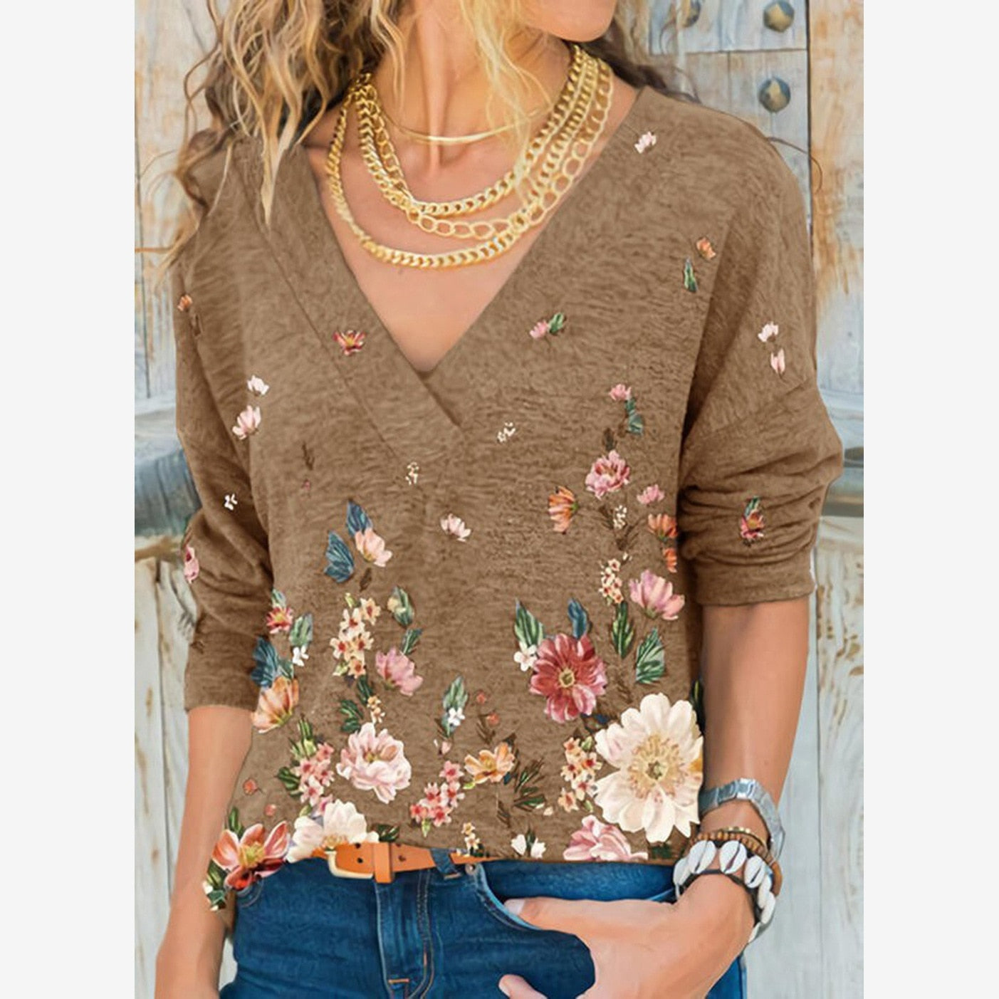 V-neck Flower Print Long-sleeved T-shirt