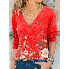 V-neck Flower Print Long-sleeved T-shirt