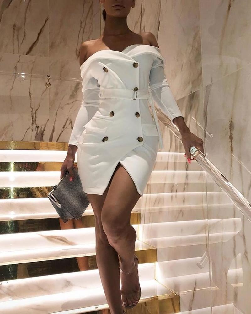 Solid Double Breasted Slit Blazer Dress