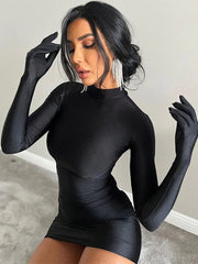 Long Sleeve Gloves Bodycon Streetwear Party Half Turtleneck Mini Dress
