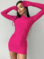 Long Sleeve Gloves Bodycon Streetwear Party Half Turtleneck Mini Dress