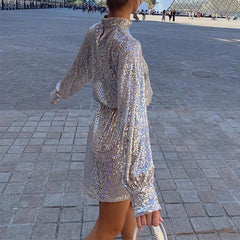 Solid Ong Sleeve Sequined Dress High Neck Casual Loose High Waist Sequins Dress Streetwear  Party Dresses