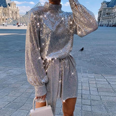 Solid Ong Sleeve Sequined Dress High Neck Casual Loose High Waist Sequins Dress Streetwear  Party Dresses