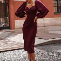 Solid Puff Sleeve Midi Dress Strapless Long Sleeve Dress