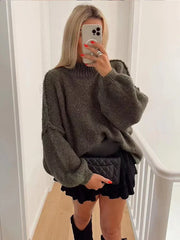 Solid Round Neck Splicing Knitted Pullover Basic Warm Long Sleeves Sweater