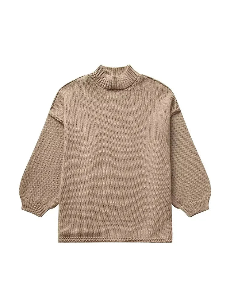 Solid Round Neck Splicing Knitted Pullover Basic Warm Long Sleeves Sweater