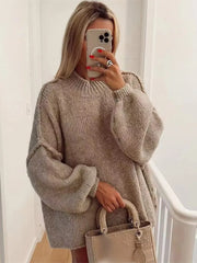 Solid Round Neck Splicing Knitted Pullover Basic Warm Long Sleeves Sweater