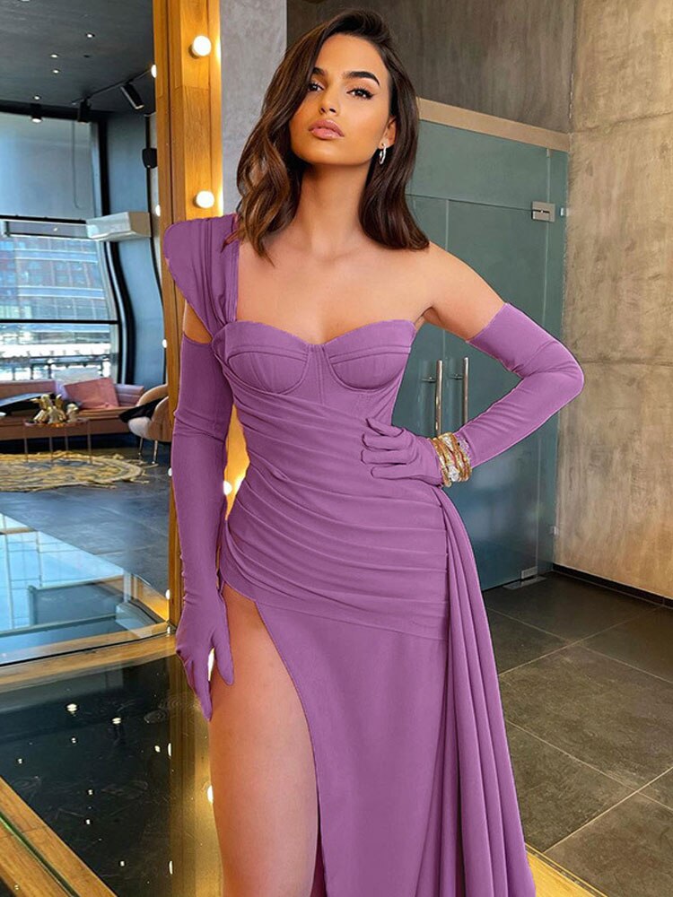 Solid Satin Asymmetric Slit Long Sleeve Dress