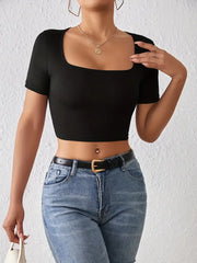 Square Neck Crop T-Shirt Y2K Short Sleeve Spring & Summer Crop Top