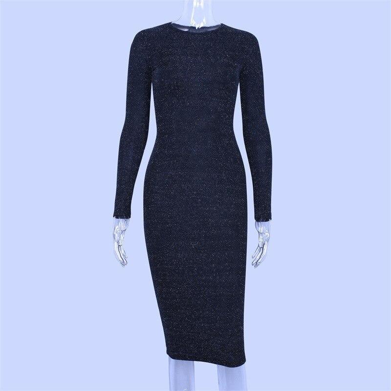 Sparkly long sleeve dress Autumn knee slim fit pencil dresses Glitter o neck bodycon dress shinny club party vestidos