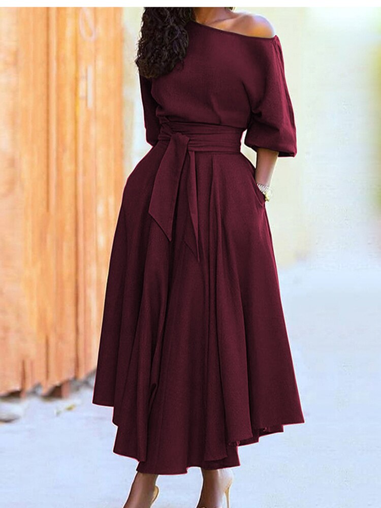 Diagonal Collar Boho Lace Up Elegant Dress
