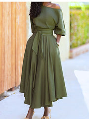 Diagonal Collar Boho Lace Up Elegant Dress