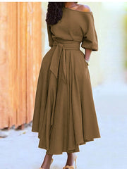 Diagonal Collar Boho Lace Up Elegant Dress