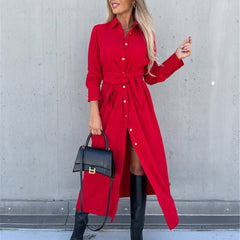Slim Lace Up Long Sleeve Turn Down Collar Maxi Dress