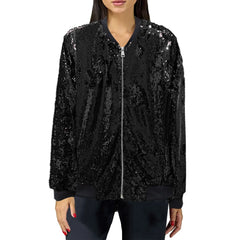 Sequin Bomber Zipper Basic Lady Outwear Jacket