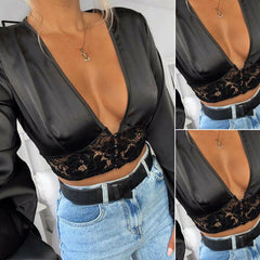 Hollow Out Sexy Satin Silk Lace Tops