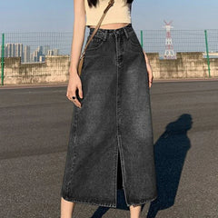 Korean Style Solid Denim High-Waist Long Midi Skirt Bottoml