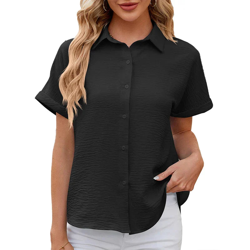 Spring Summer Basic Casual Solid Short Sleeve Button WomenBlouses