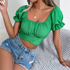 Spring Solid Color Square Neck Puff Sleeve Lace Up Blouse