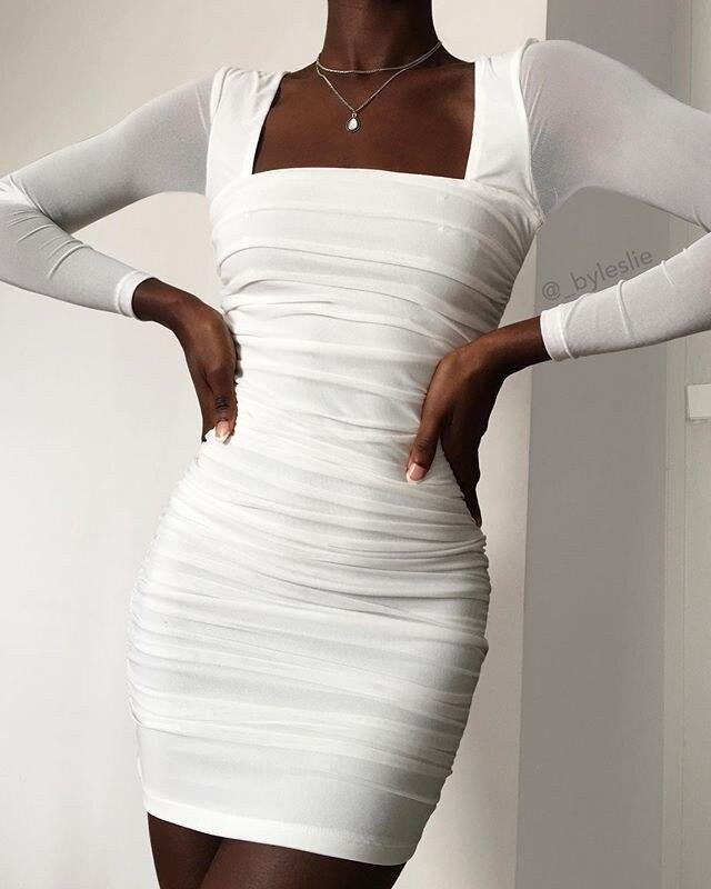 Square Collar Mesh Sleeve White Dress Solid Ruched Design Long Sleeve Dress Winter Night Clubwear Tight Vestidos