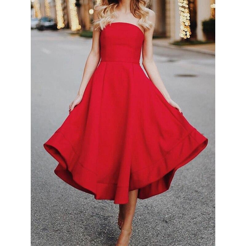 Strapless red a line midi dress off shoulder pleated dress